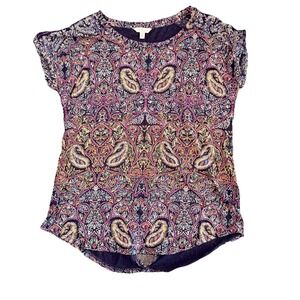 Lucky Brand Woman's M Paisley Print Round Neck Blue Green Shirt
